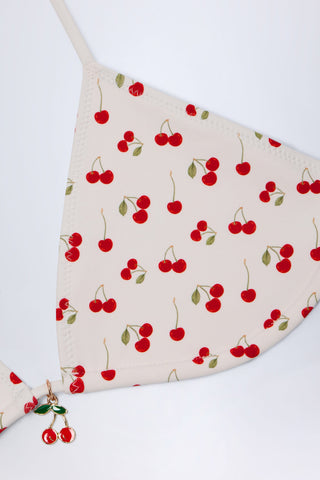 Charm-Detail Triangle Bikini Top in Cherry Print