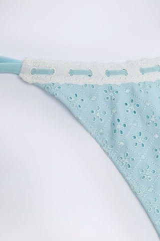 Broderie Anglaise Side-Tie Thong Bikini Bottoms in Powder Blue